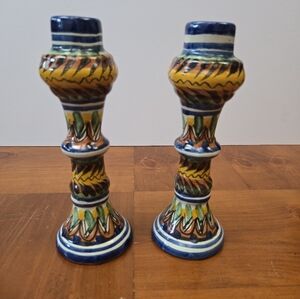 Beautiful Mexican Pottery Multicolor Set Of Candleholders